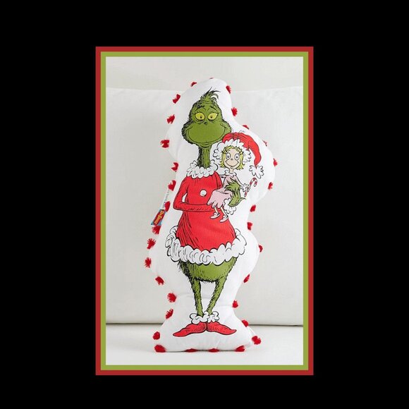 NEW RARE Pottery Barn Kids Dr. Seuss The Grinch Pom-Pom Pillow 8" w x 19" h - Picture 1 of 4